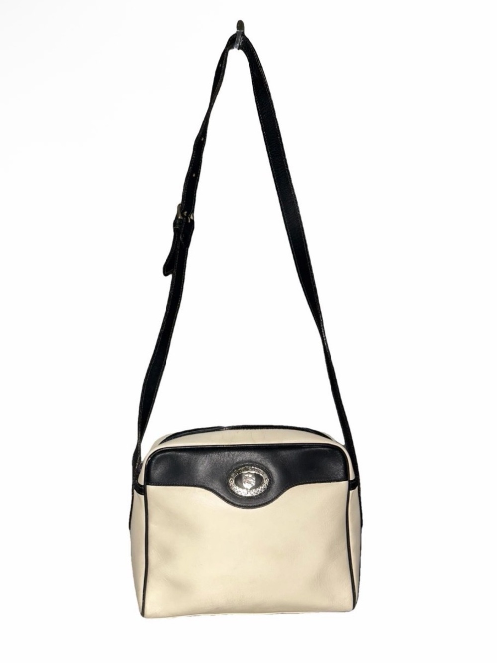 Vintage Burberry Off-White & Navy Blue Leather Crossbody w Nova Check Interior